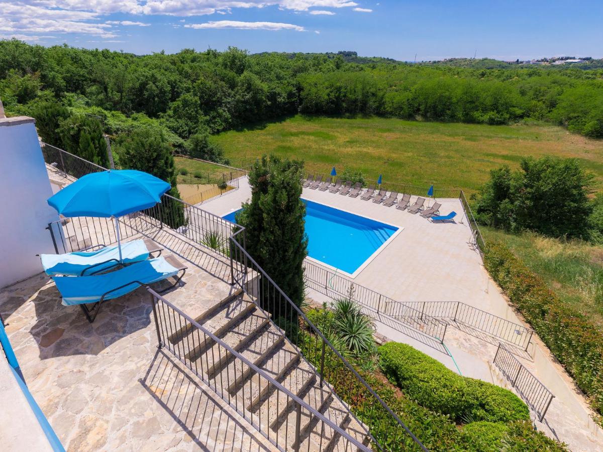 Privater Pool mit türkisen Sonnenliegen und Blick über die istrischen Hügel